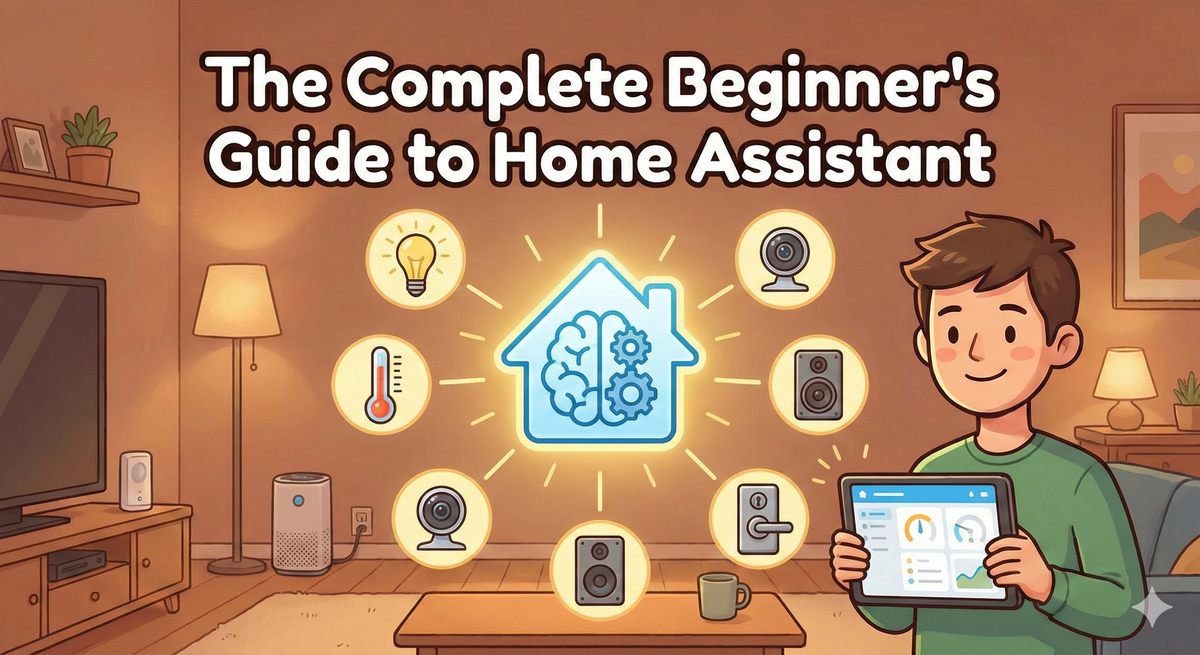 Home Assistant visual with man smiling holding tablet